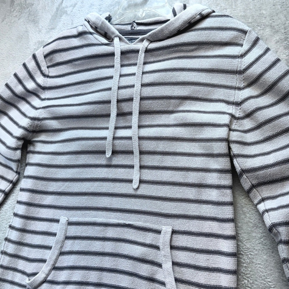Retrofit Mens Striped Knit Hoodie Sweater Grey Kangaroo Pocket XL Cotton Comfort